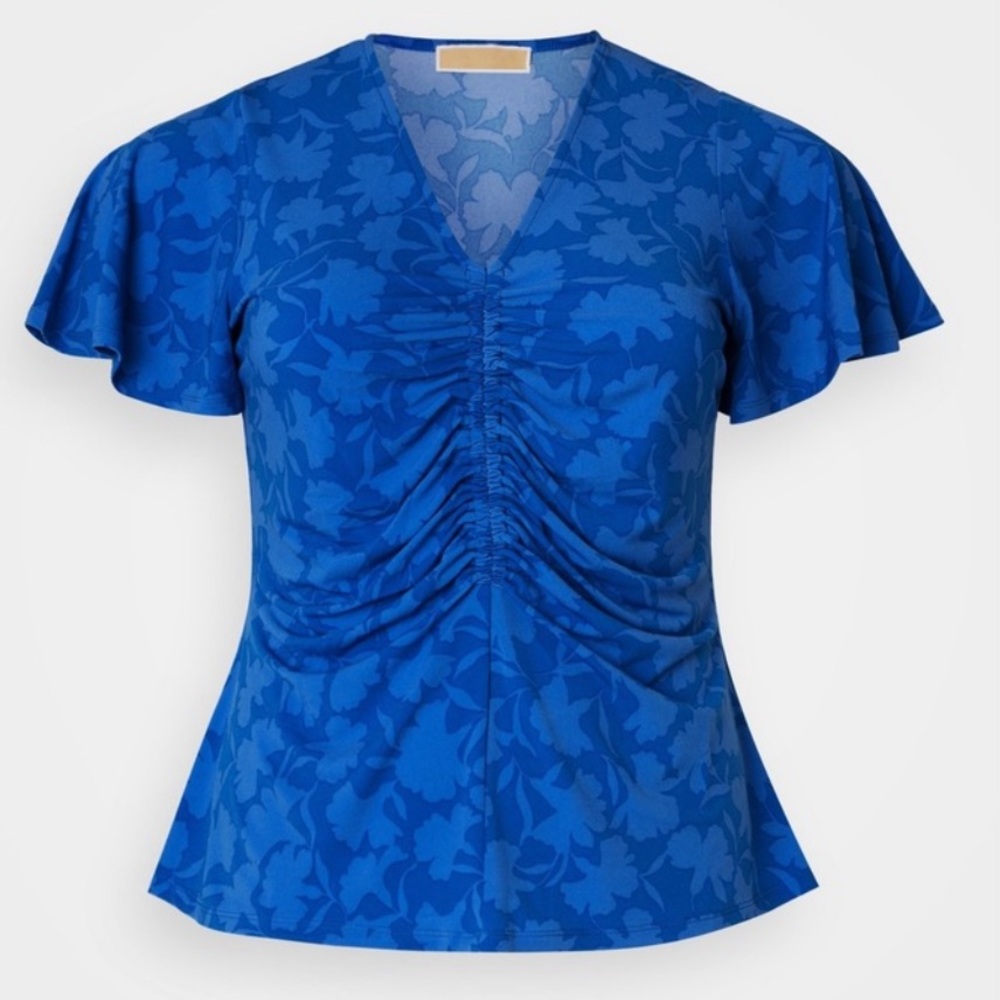 Michael Kors Grecian Blue Floral Printed Ruched VNeck Flutter Sleeve Top Reemoly